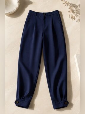 Simons Navy High-Rise Pleated Tapered Trousers